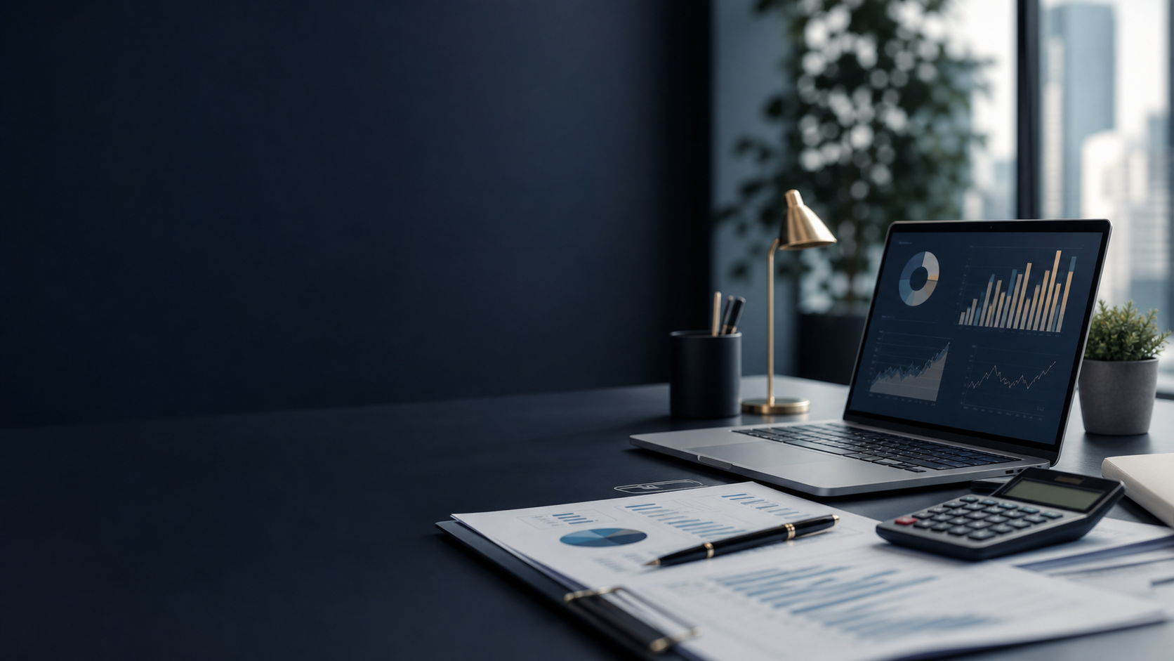 Professional CPA workspace with financial charts and documents